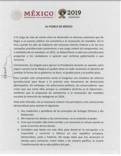 Documento Ã­ntegro de no reelecciÃ³n. Foto: Gobierno de MÃ©xico