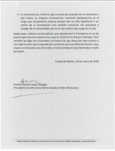 Documento Ã­ntegro de no reelecciÃ³n. Foto: Gobierno de MÃ©xico.