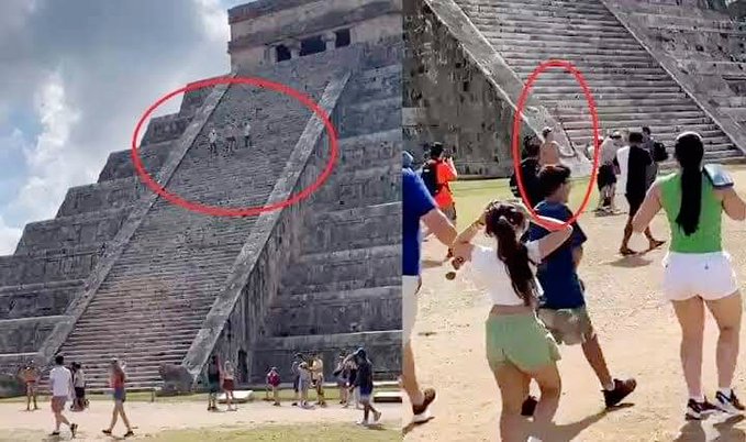 Turista polaco sube a pirámide de Chichén Itzá