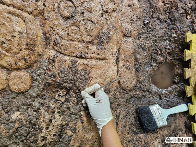 Realizan labores de conservación en la “Roca de la fundación”, jeroglífico maya recién descubierto en Cobá