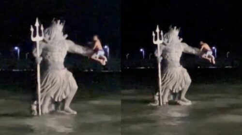 Detienen a hombre por escalar la estatua de Poseidón en Progreso, Yucatán