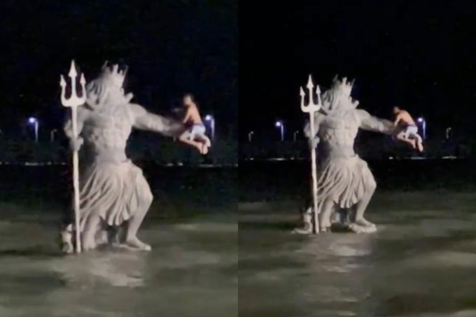 Detienen a hombre por escalar la estatua de Poseidón en Progreso, Yucatán Detienen a hombre por escalar la estatua de Poseidón en Progreso, Yucatán