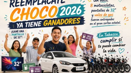 VILLAHERMOSA.— Con la finalidad de premiar la responsabilidad de quienes cumplieron a tiempo con el pago del refrendo vehicular y el canje de placas, entre el primero de enero y el 30 de abril de este 2026, el Gobierno de Tabasco llevó a cabo el sorteo “Reemplácate Choco 2026”, en donde Emilio de la Cruz Félix, de la Región de los Ríos, resultó ganador del principal premio consistente en un automóvil Chevrolet Aveo 2026, valuado en más de 393 mil pesos. El sorteo se realizó en el auditorio de la Secretaría de Administración y Finanzas (SAF), en presencia de la inspectora de la Secretaría de Gobernación (Segob), María Fernanda Tecua Campos –quien dio validez al mismo–, y del director de Recaudación de la dependencia, Andrés Baldemar Sandoval. El próximo viernes 22 de mayo se publicarán los resultados oficiales. En esta primera edición del sorteo “Reemplácate Choco 2026”, en que la administración estatal reconoce a los contribuyentes cumplidos participaron 360 mil propietarios de vehículos, y fueron sorteados mil 608 premios consistentes en un automóvil, 8 motocicletas, 100 televisores y mil 500 vales de gasolina. El vehículo será entregado al ganador el próximo 27 de mayo a las 11:00 horas, en el mismo auditorio de la SAF. ● Los ganadores fueron seleccionados aleatoriamente, mediante el sistema informático llamado “Tómbola Virtual”, previamente verificado y certificado por la Segob, dependencia del Gobierno de México que otorga el permiso correspondiente. Las y los ganadores de las ocho motocicletas marca Lithium de 190 cc, fueron: Beatriz de la Rosa Rodríguez, Armando de la Cruz Ávalos, Jaime Hernández López, Luis Alberto de la Cruz Verónico, Juan José Montejo García, Elsa Hernández López, José Martínez Alejandro, y Miguel Agenor Trujillo de la O. La lista de los ganadores de los 100 televisores Smart de 32 pulgadas, y los mil 500 vales de gas LP de 200 pesos cada uno, serán publicados el 22 de mayo en los sitios web tabasco.gob.mx/finanzas y tabasco.gob.mx, así como en los medios locales www.diariopresente.mx y diarioavancetabasco.com, de acuerdo a lo previsto en las bases del sorteo. ● Los afortunados ganadores contarán con un periodo de 20 días hábiles para reclamar sus premios. Te recomendamos: