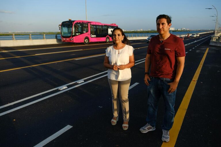 Mara Lezama supervisa pruebas de la Ruta 27 sobre el puente Nichupté