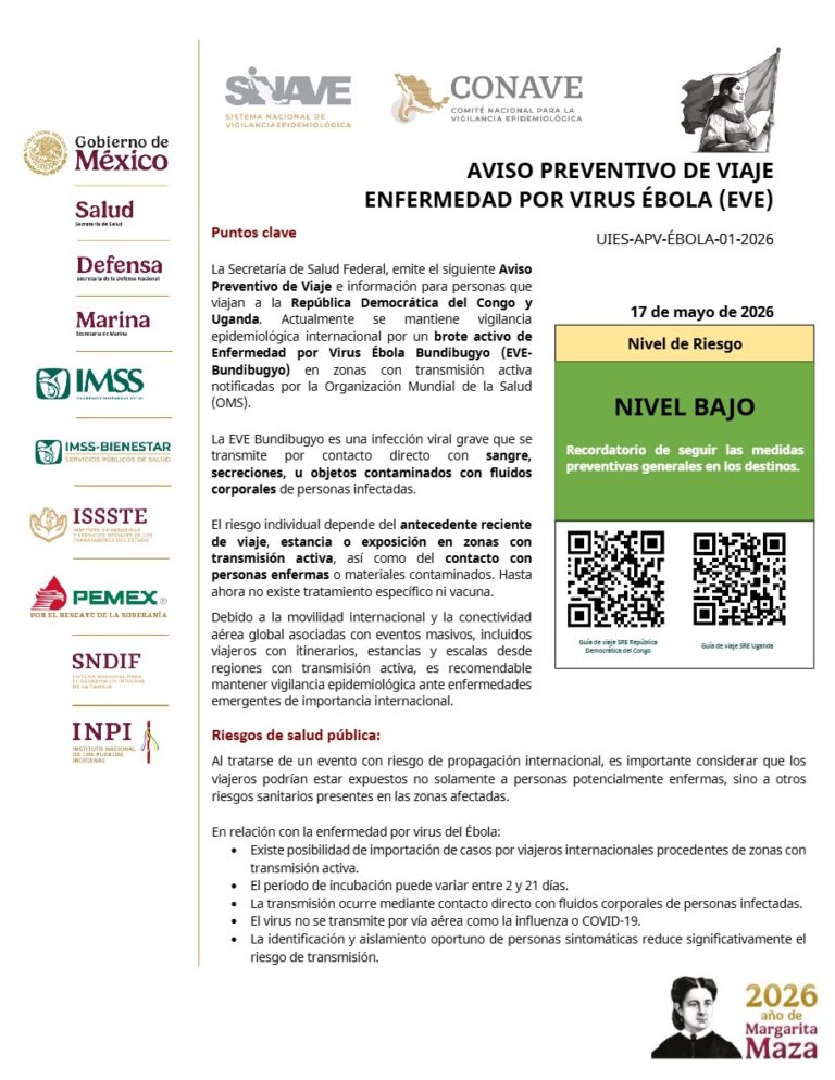 Secretaría de Salud emite aviso epidemiológico por brote de ébola