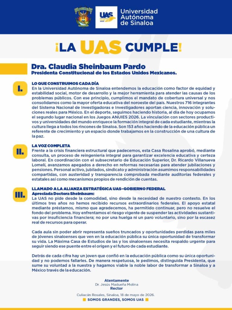 Alerta en la UAS: advierten parálisis operativa por asfixia financiera y piden auxilio a Sheinbaum