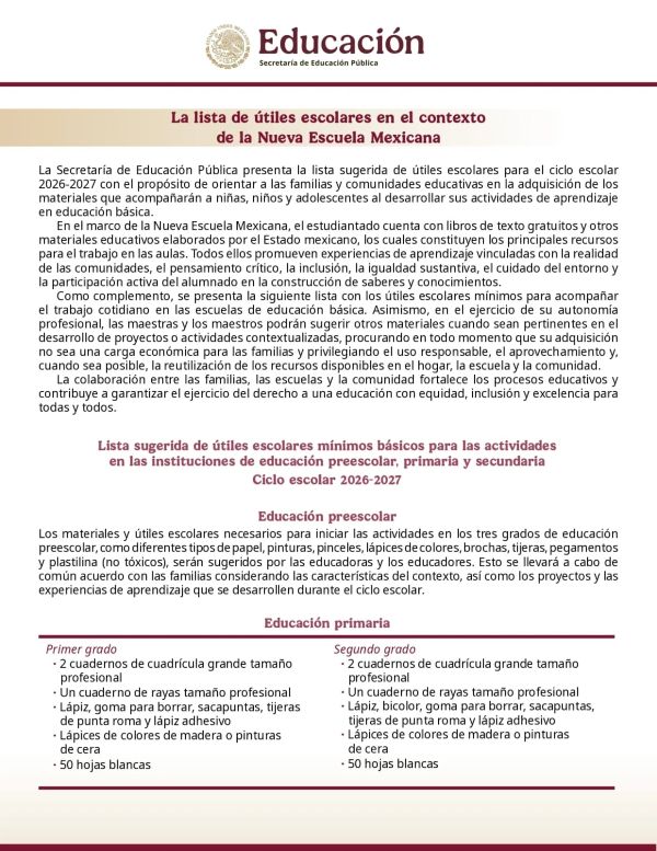 Presenta SEP lista sugerida de útiles escolares 2026-2027; privilegia la economía familiar y su uso responsable